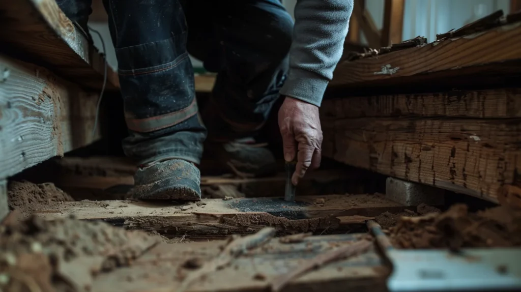 inspecting floor joist damaged by water